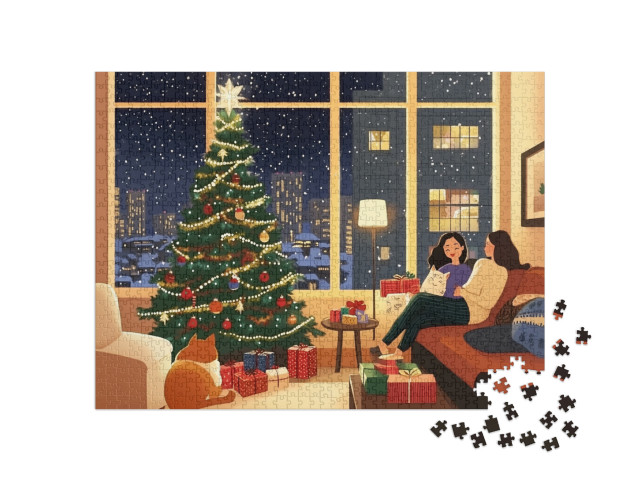 Puzzle 1000 Teile „Gemütlicher Weihnachtsabend vor strahlendem Christbaum“