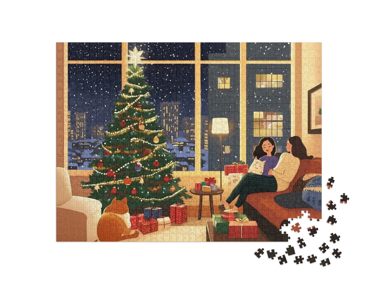 Puzzle 1000 Teile „Gemütlicher Weihnachtsabend vor strahlendem Christbaum“