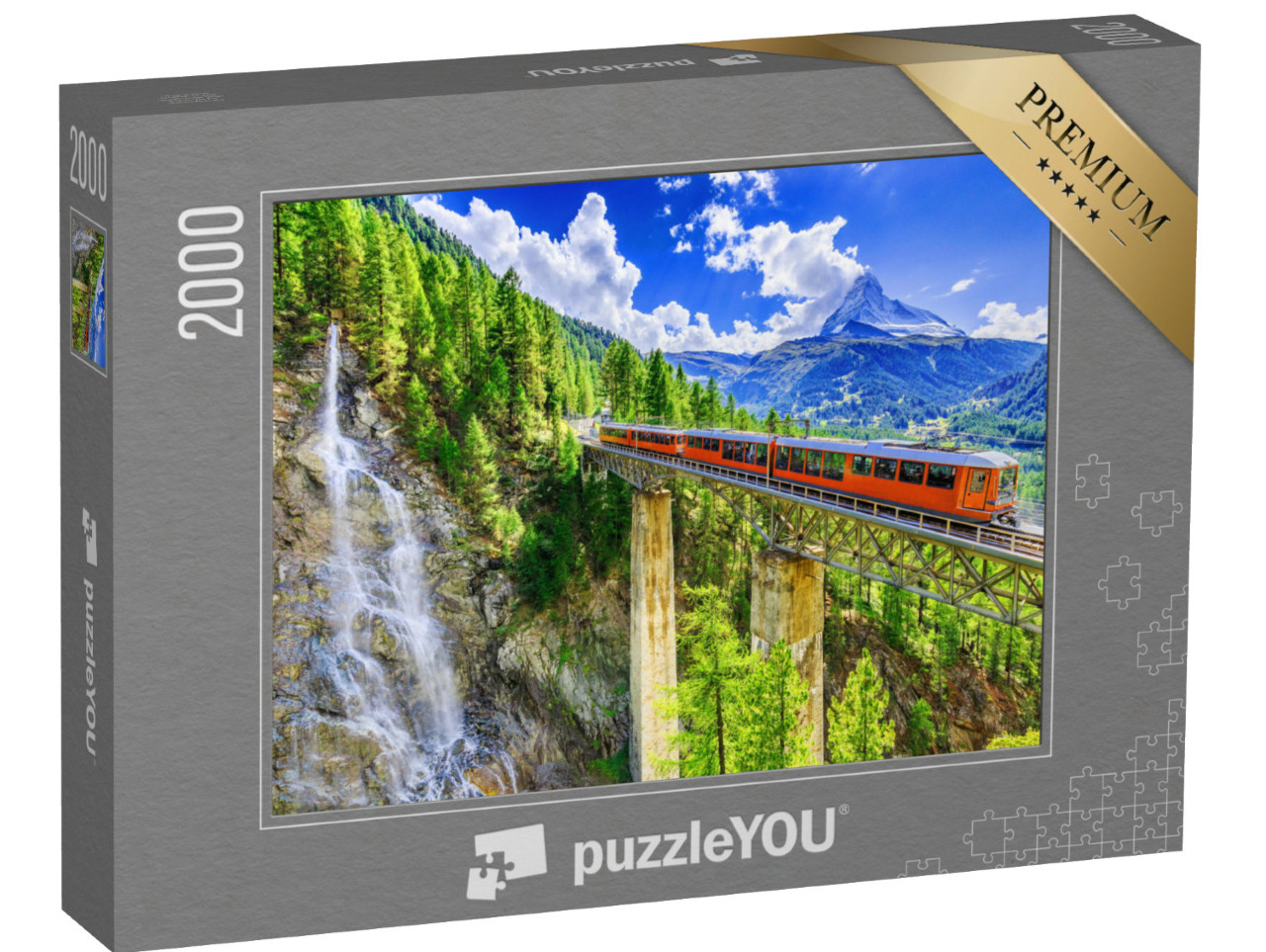 Puzzle 2000 Teile „Gornergrat mit Wasserfall, Brücke und Matterhorn, Zermatt, Wallis, Schweiz“