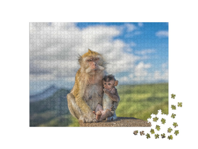 Puzzle 1000 Teile „Niedliches Makakenäffchen mit Affenmutter, Mauritius“