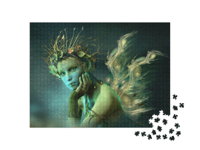 Puzzle 1000 Teile „Digitale Kunst: Waldfee mit Flügeln aus Licht“