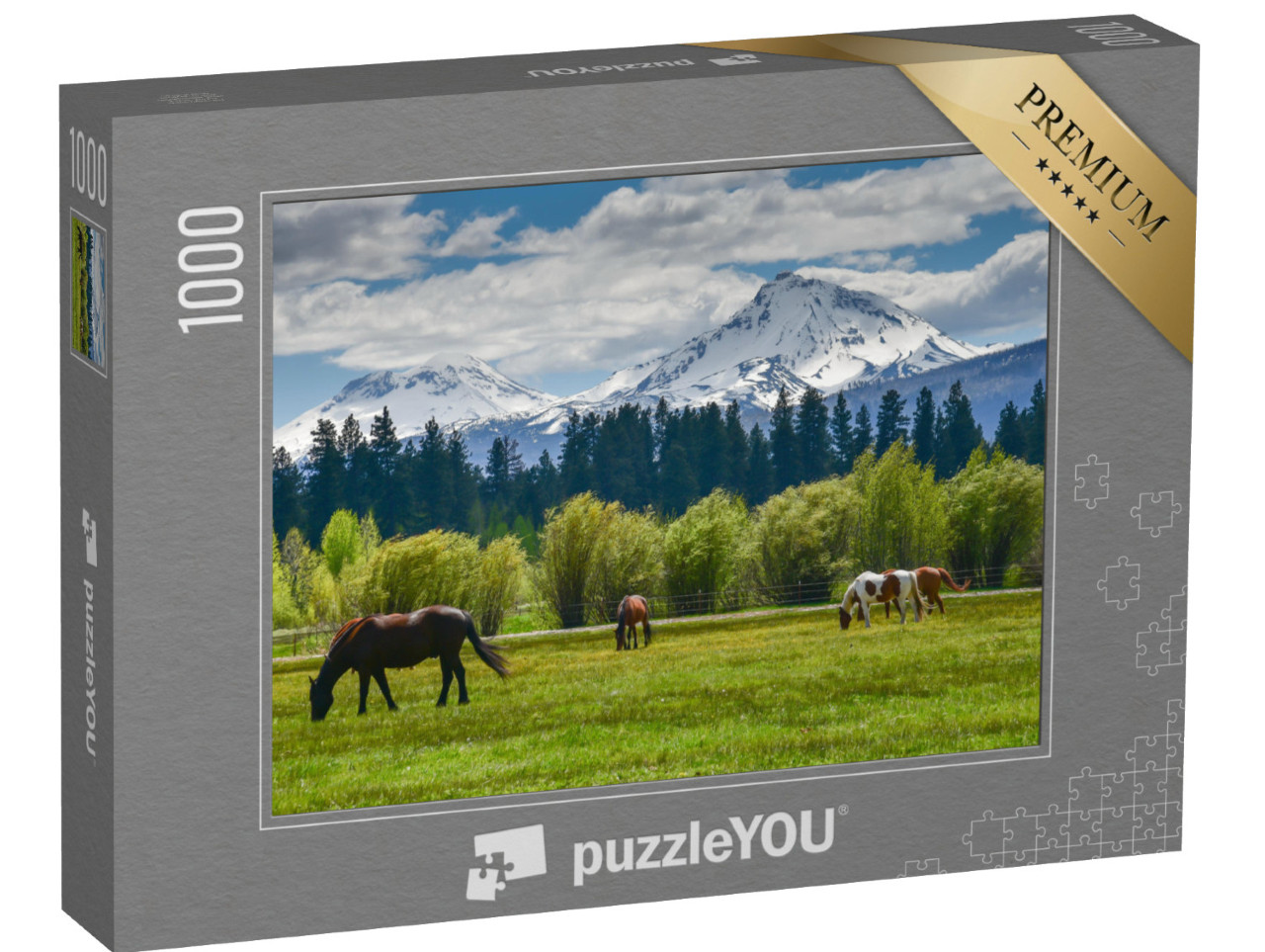 Puzzle 1000 Teile „Pferde an der Cascade Mountain Range, Oregon, USA“