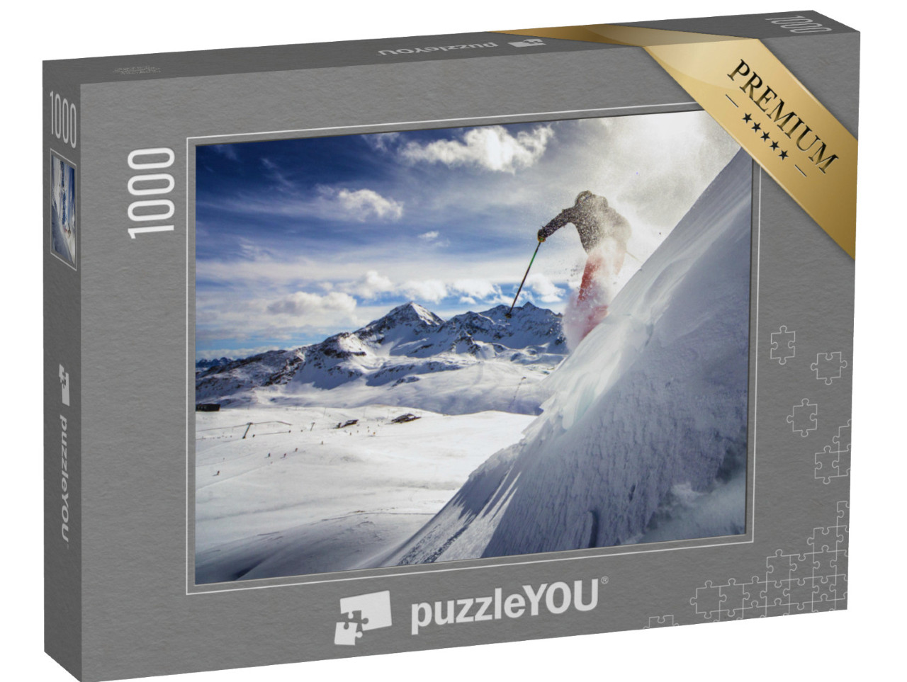 Puzzle 1000 Teile „Skifahrer, der einen steilen Hang hinunterfährt, blauer Himmel und Berge“