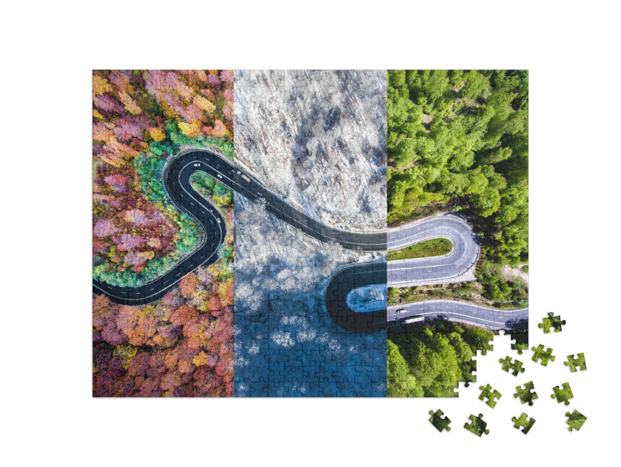 Puzzle 500 Teile „Kurvenreiche Straße im Wald, Herbst-, Sommer- und Winterzeit-Collage, Luftaufnahme“