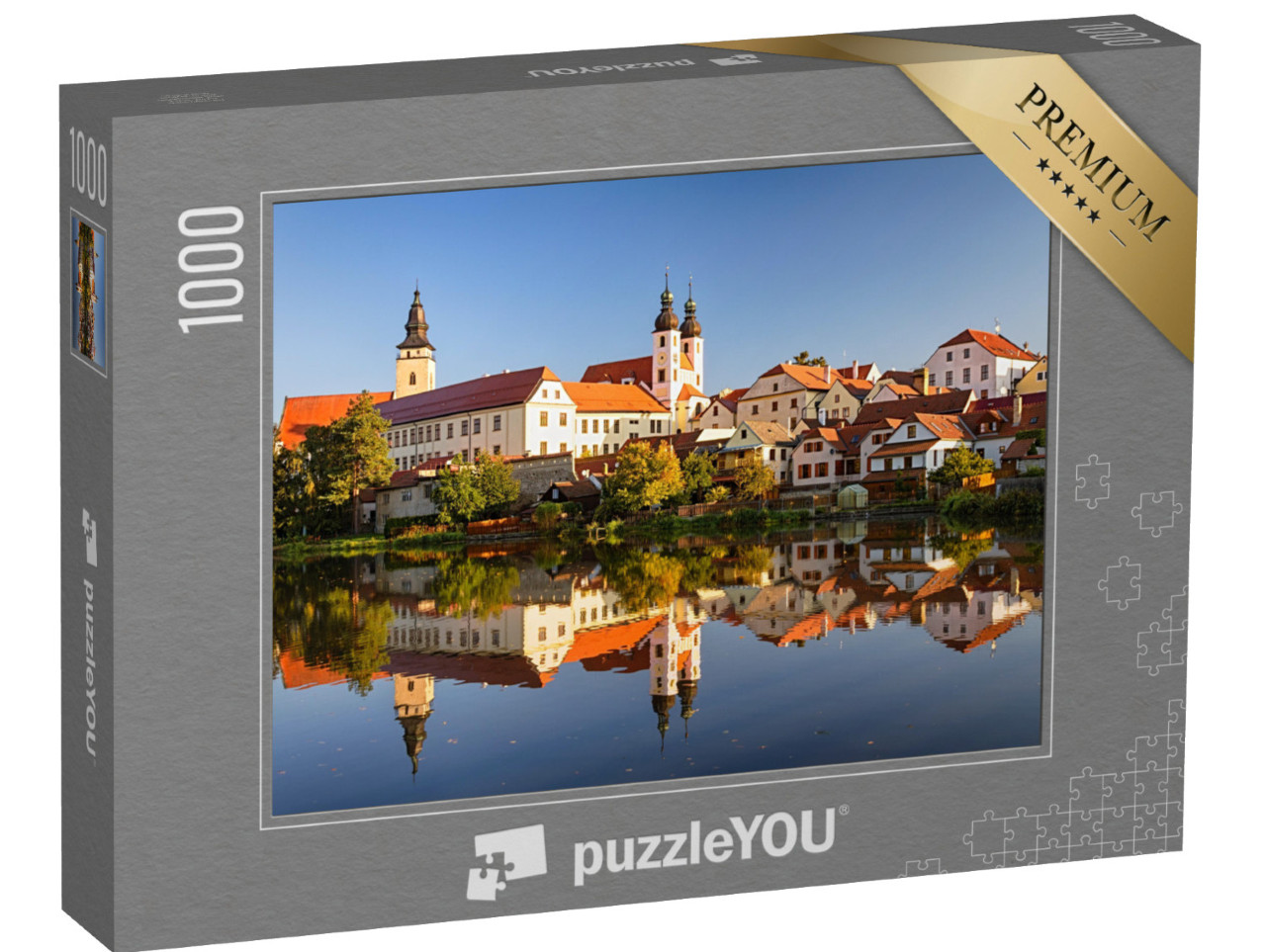 Puzzle 1000 Teile „Blick auf Telc über den Teich mit Reflexionen, Südmähren, Tschechische Republik.“