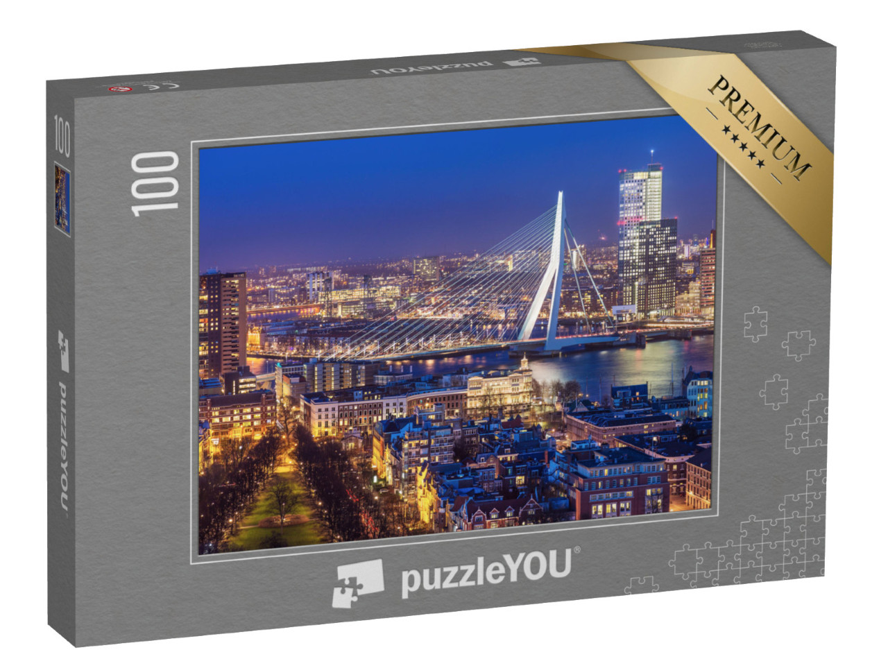 Puzzle 100 Teile „Skyline von Rotterdam mit Erasmusbrücke, Niederlande“