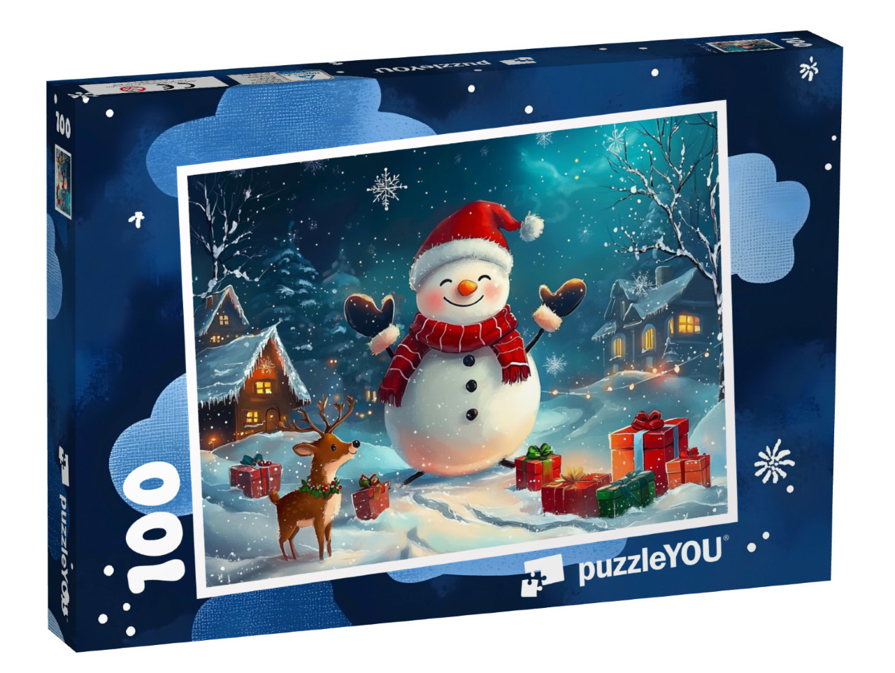 Puzzle 100 Teile „Ein Schneemann mit Weihnachtsmütze“