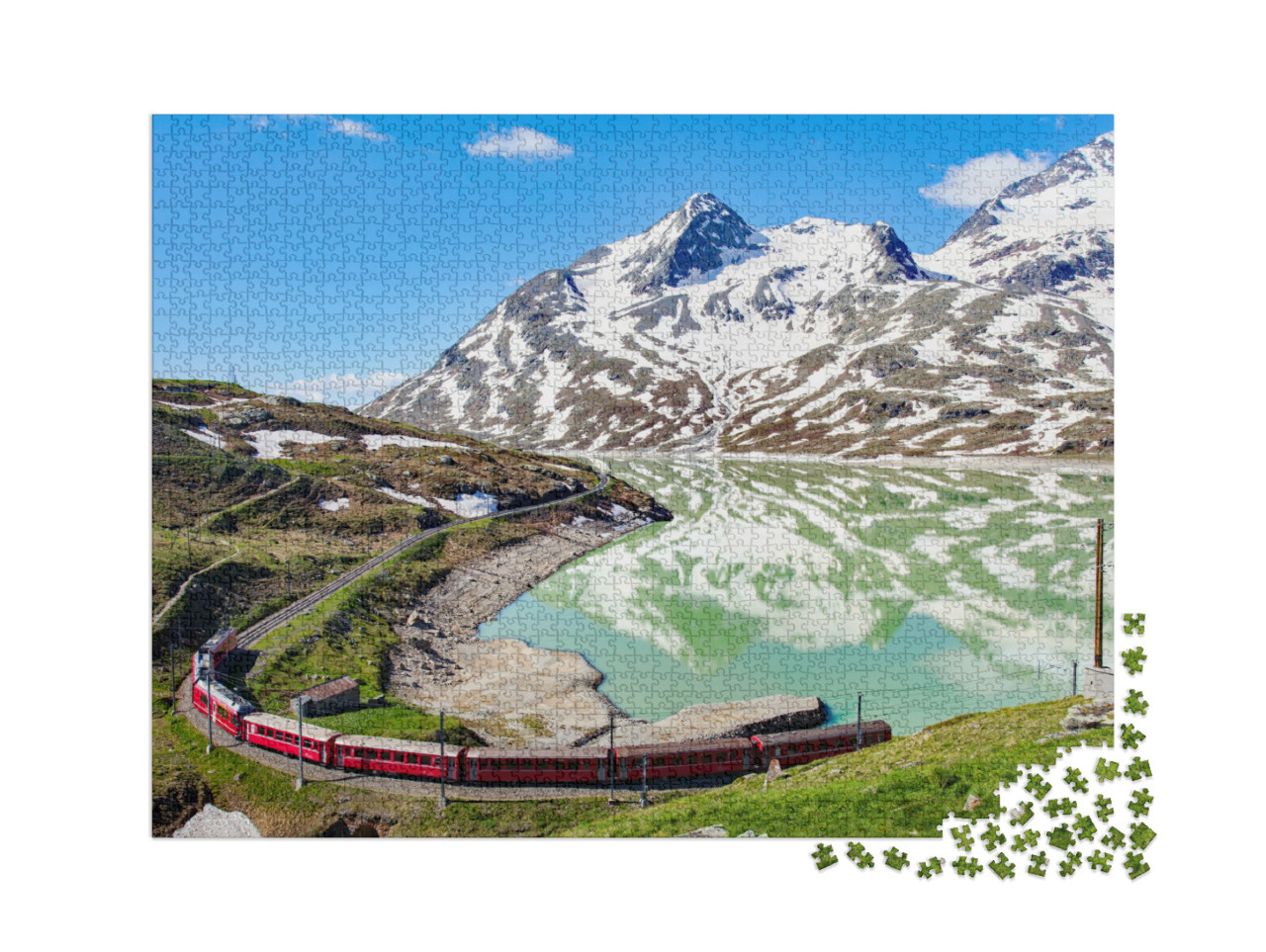 Puzzle 2000 Teile „Zug am wunderschönen Berninapass in der Schweiz“