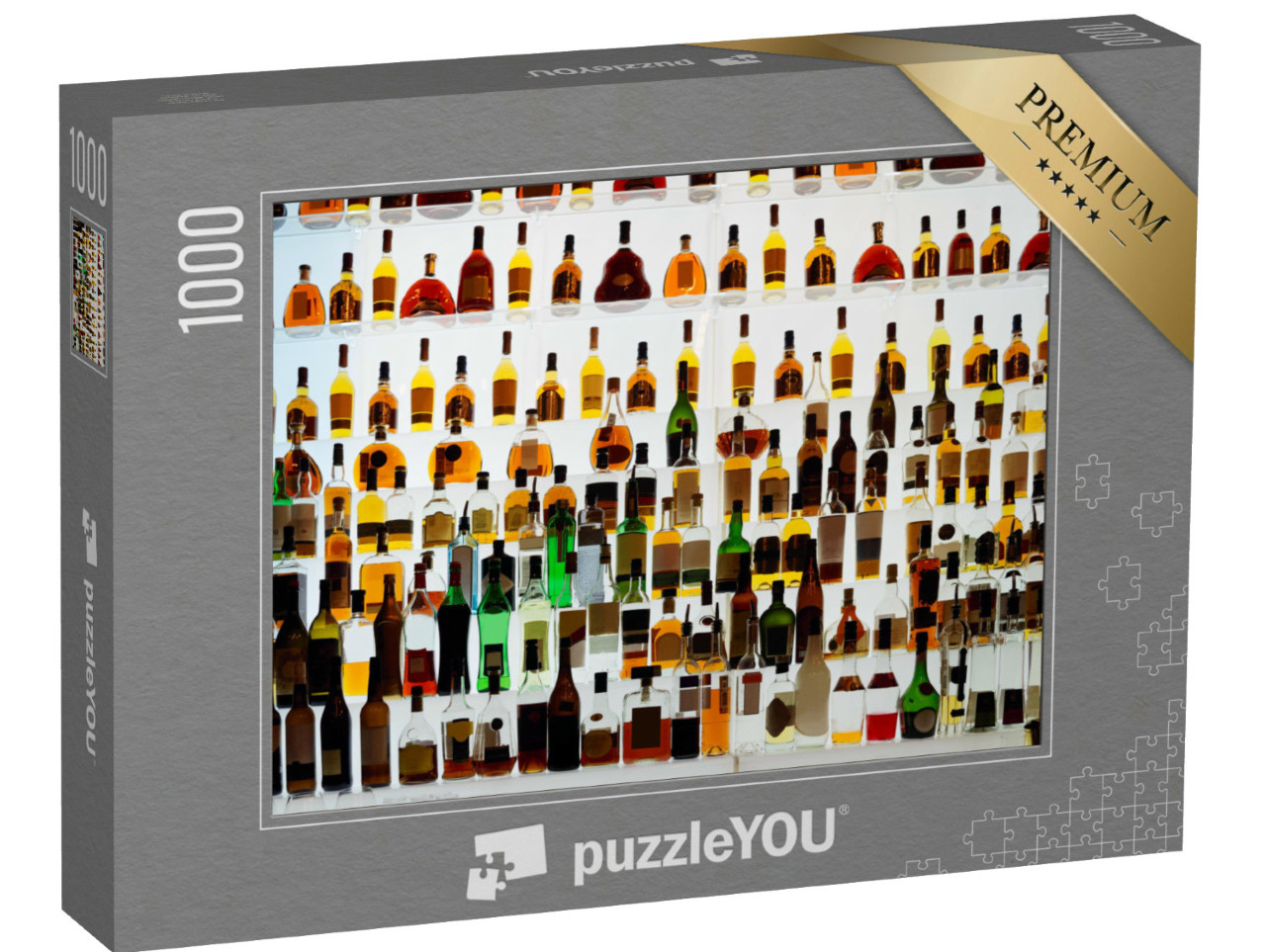 Puzzle 1000 Teile „Verschiedene Alkoholflaschen in einer Bar, Gegenlicht, alle Logos entfernt“