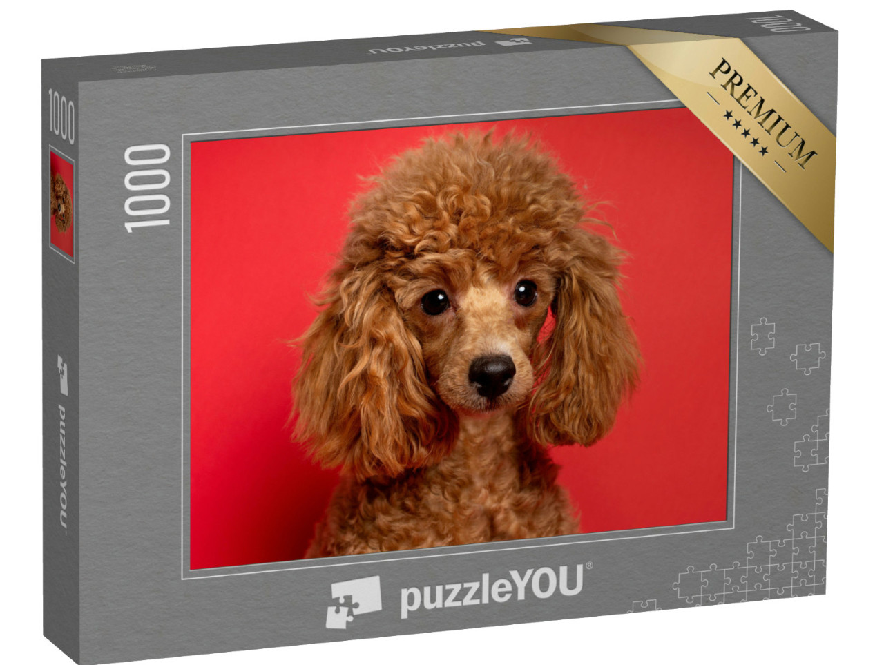 Puzzle 1000 Teile „Süßer kleiner Pudel auf rotem Hintergrund“