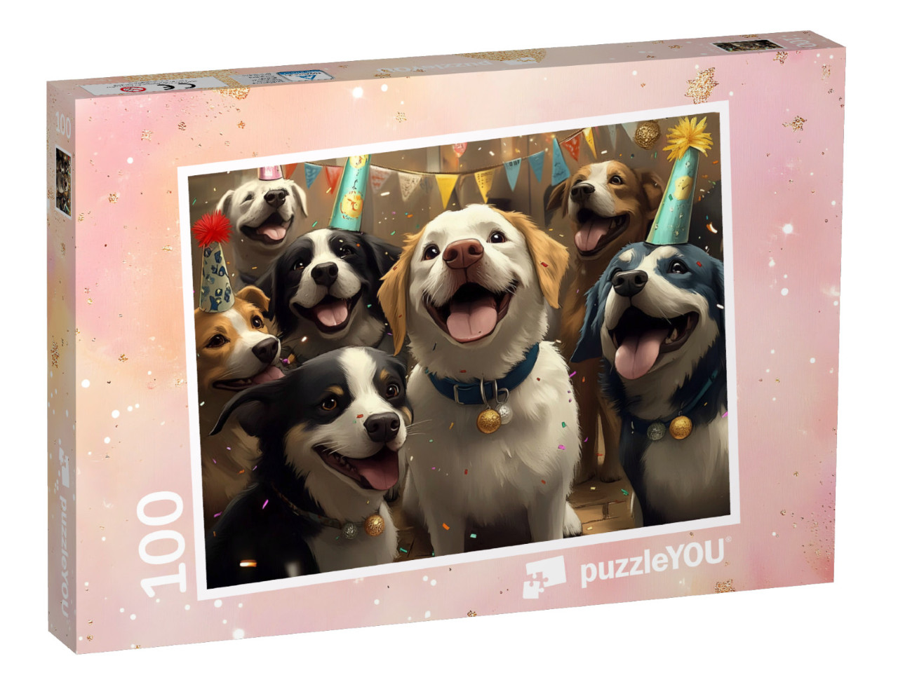 Puzzle 100 Teile „Partyhunde: Was ist wohl in der Schachtel?“