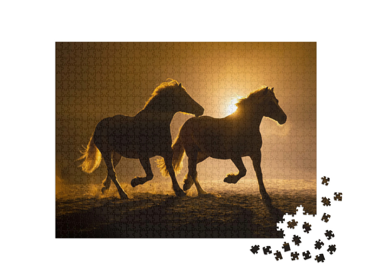 Puzzle 1000 Teile „Silhouette zweier galoppierender Haflingerpferde in abendlicher Atmosphäre“