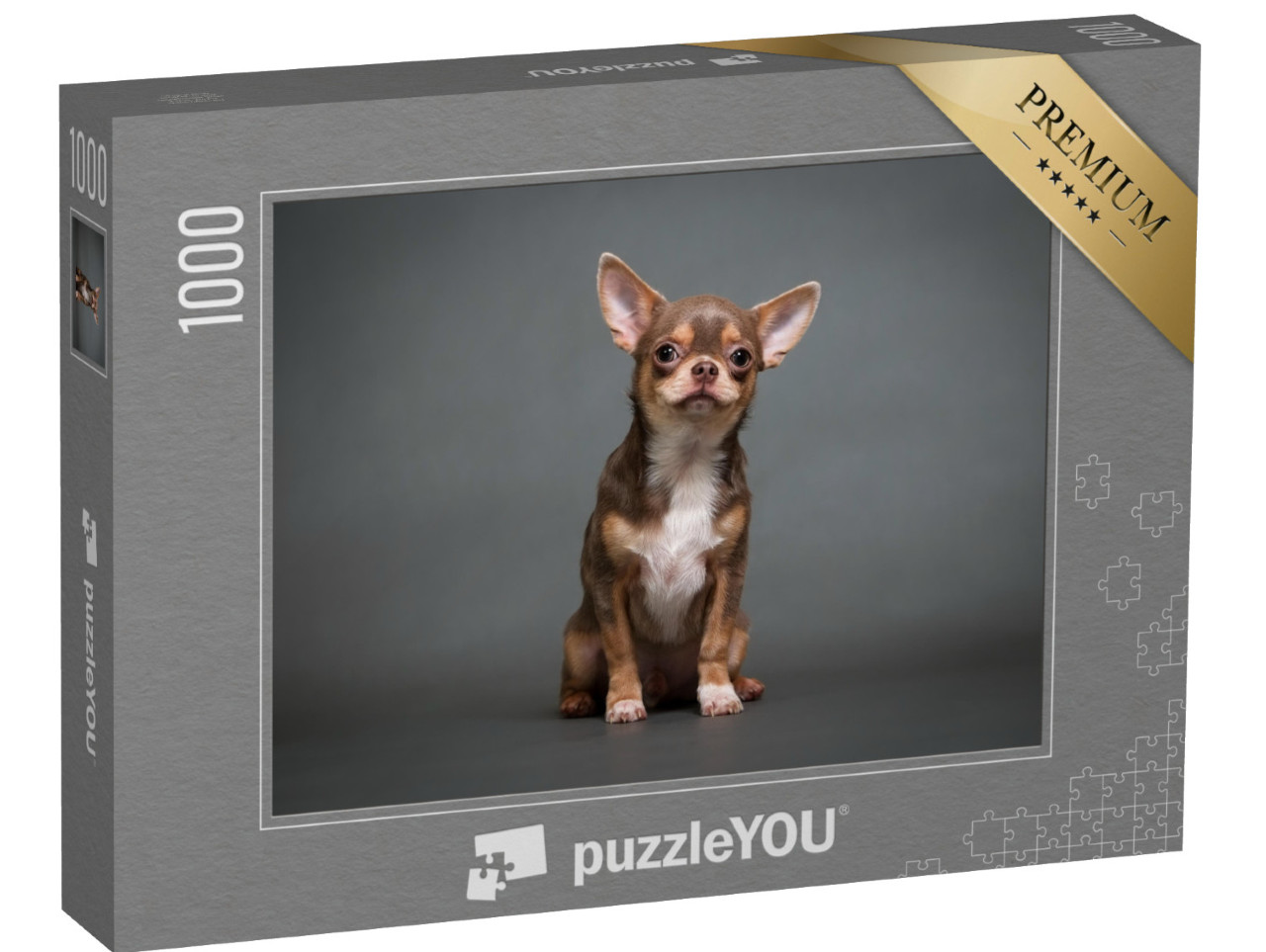 Puzzle 1000 Teile „Chihuahua Welpe mit grauem Hintergrund“