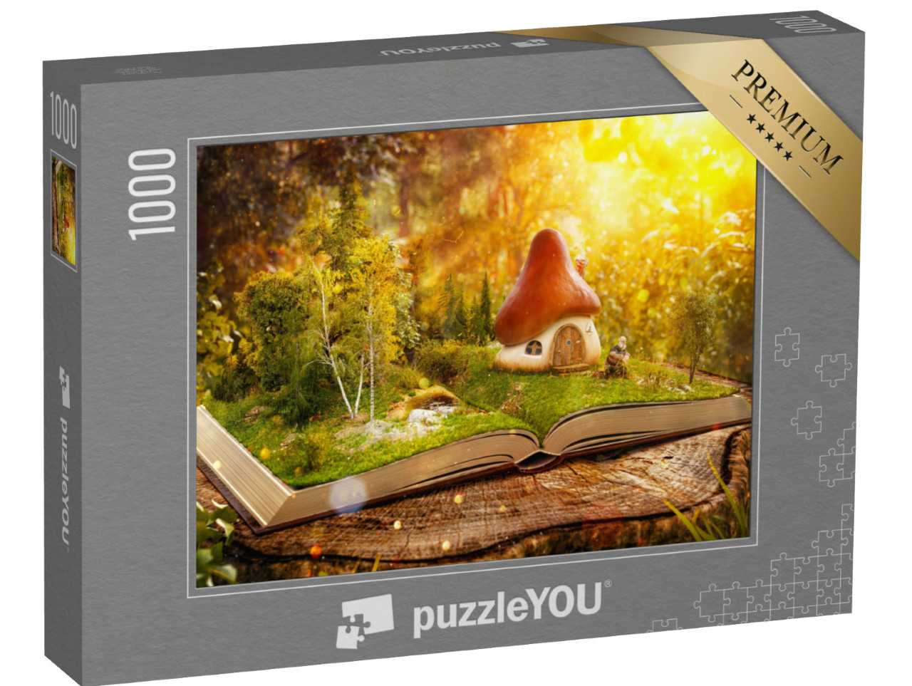 Puzzle 1000 Teile „Digitale Kunst: Magisches Pilzhaus im verwunschenen Bücherwald“