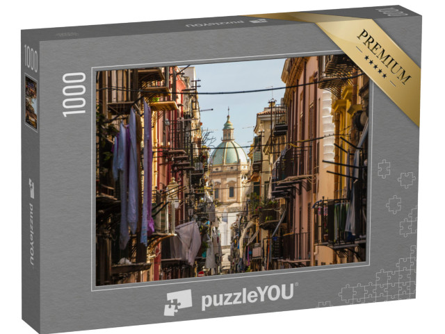 Puzzle 1000 Teile „Blick durch enge Gassen: Kirche von San Matteo im Herzen von Palermo, Italien“