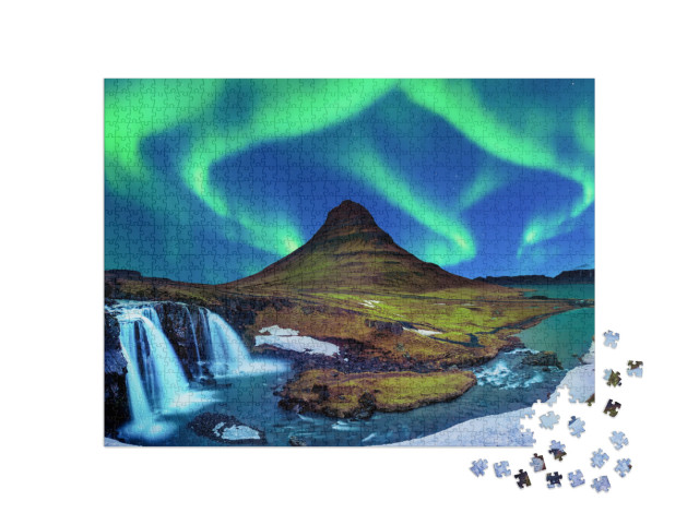 Puzzle 1000 Teile „Nordlicht, Aurora borealis bei Kirkjufell in Island“