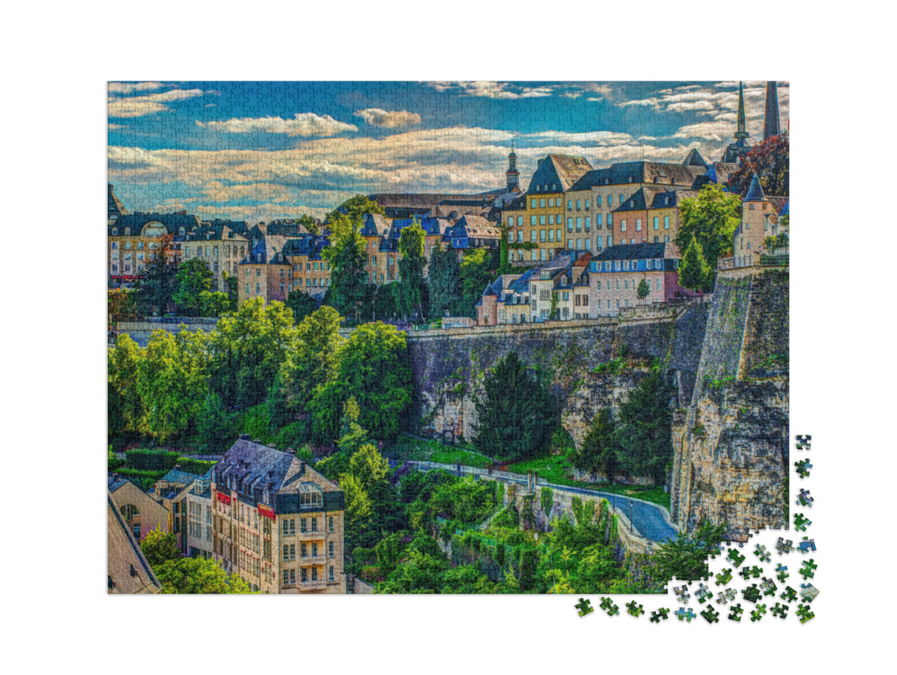 Puzzle 2000 Teile „Sommerliches Panorama: Luxemburg Stadt aus der Luft“