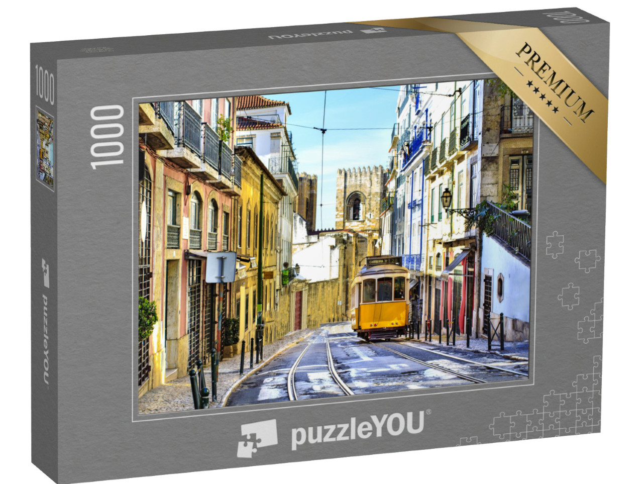 Puzzle 1000 Teile „Straße in Lissabon mit der typischen gelben Straßenbahn“