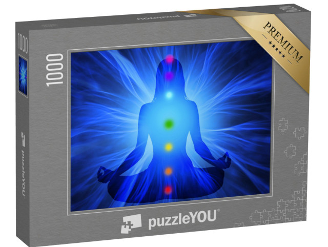 Puzzle 1000 Teile „Silhouette einer Frau, die Yoga macht und sieben Chakrapunkte erreicht“