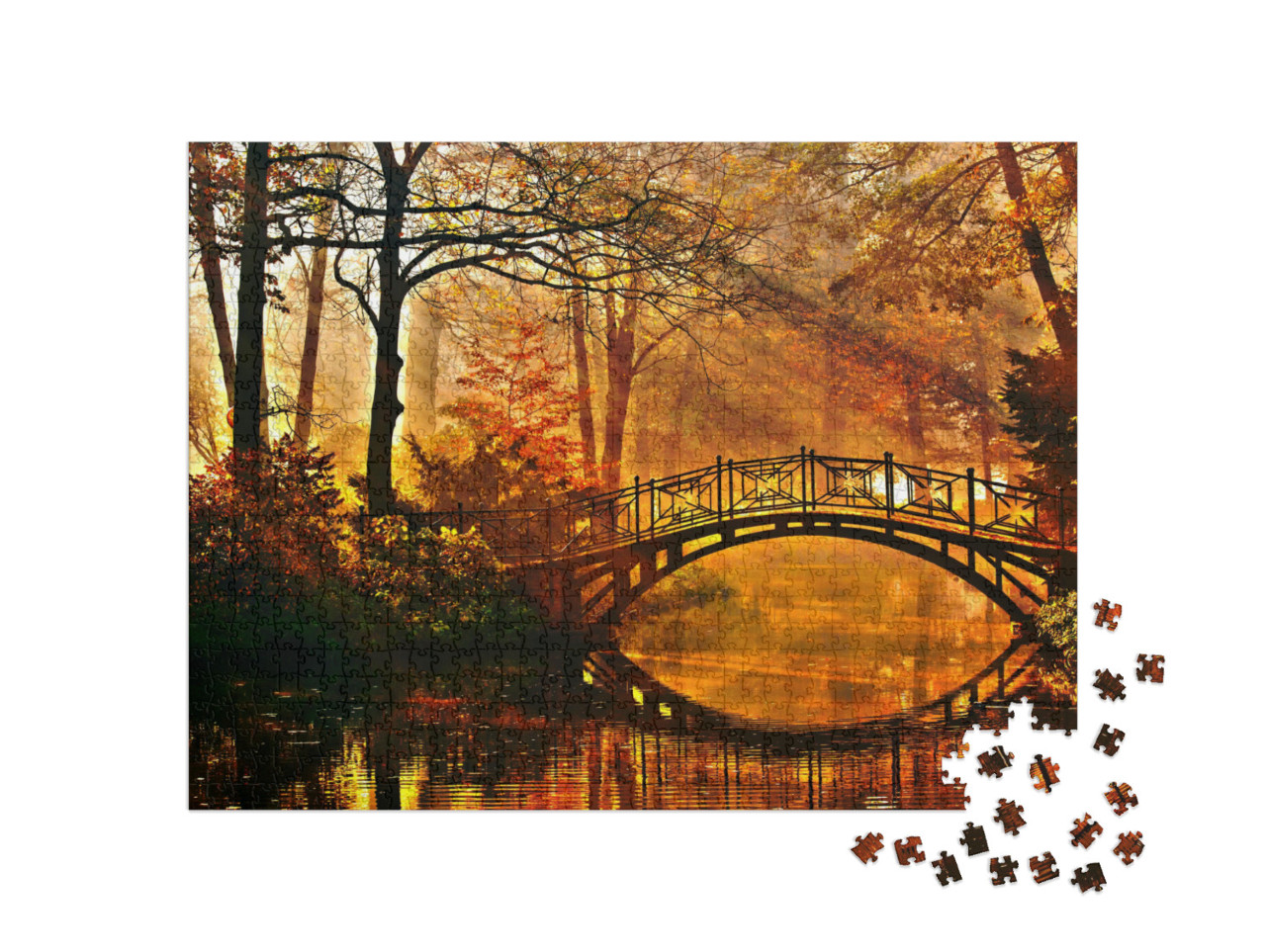 Puzzle 1000 Teile „Alte Brücke im herbstlich nebligen Park“