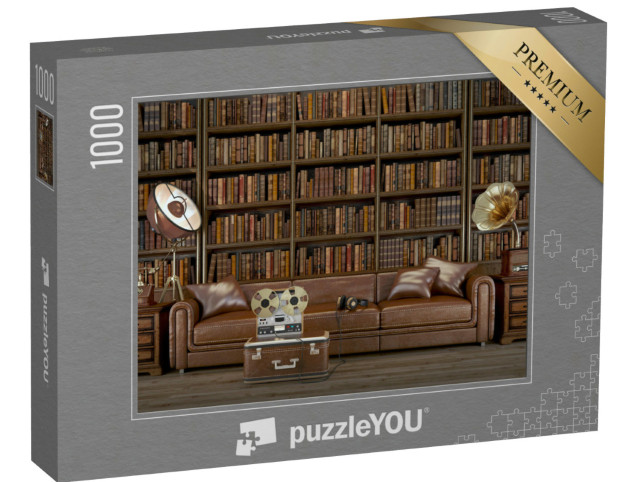 Puzzle 1000 Teile „Stilvolles Vintage-Wohnzimmer mit Bibliothek“
