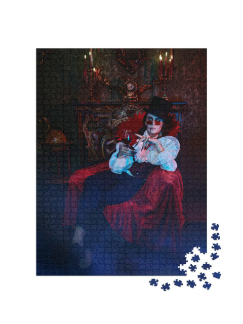 Puzzle 1000 Teile „Vampir-Aristokrat des 19. Jahrhunderts im eleganten Anzug auf seinem Thron“