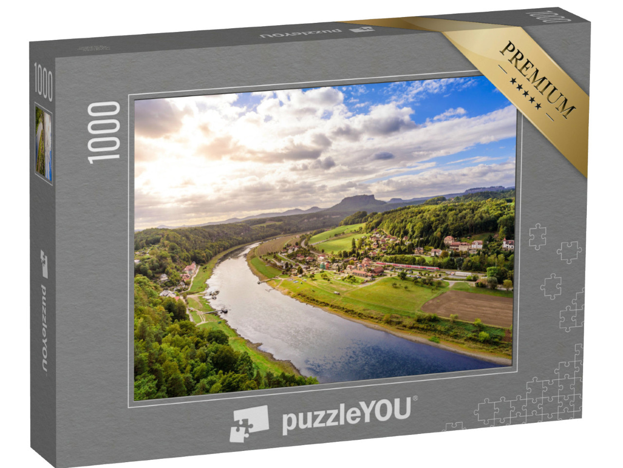 Puzzle 1000 Teile „Aussicht von der Bastei auf Elbe und Rathen, Deutschland“
