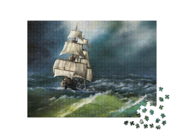 Puzzle 1000 Teile „Ölgemälde: Altes Schiff auf rauher See“