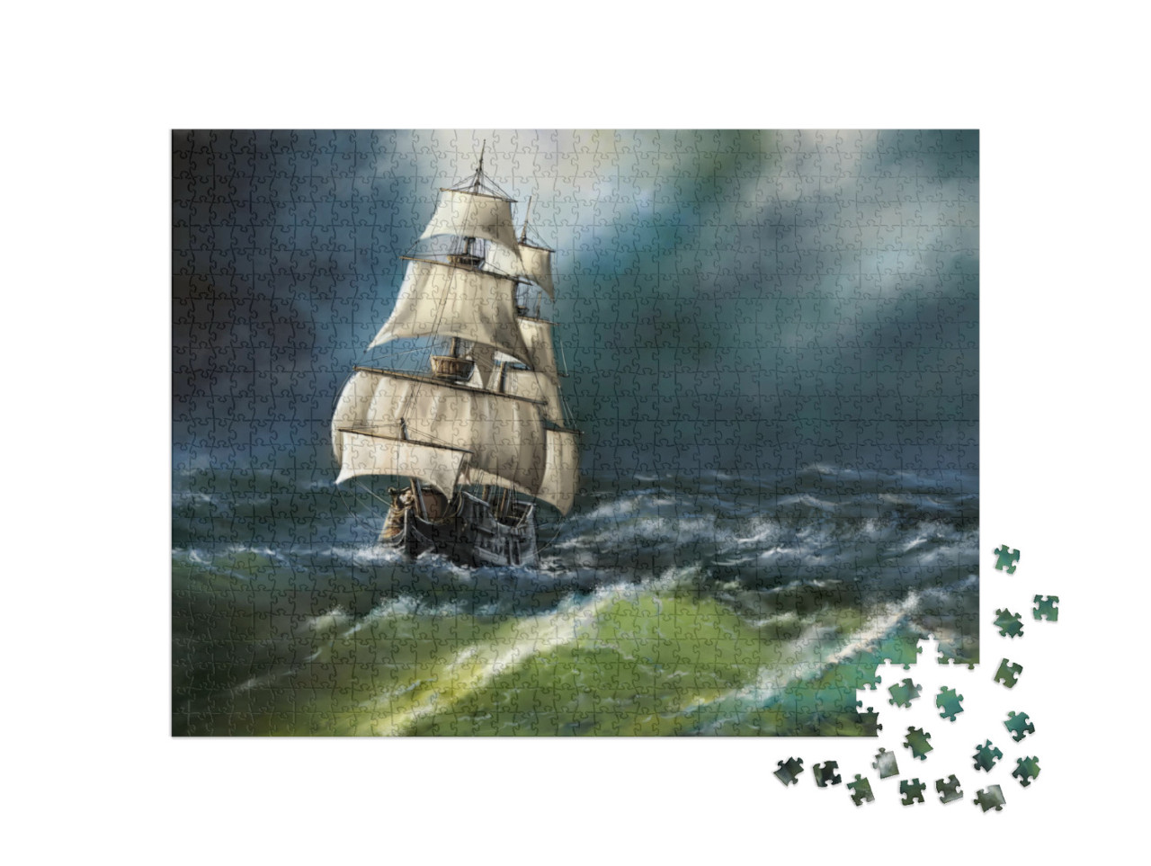 Puzzle 1000 Teile „Ölgemälde: Altes Schiff auf rauher See“