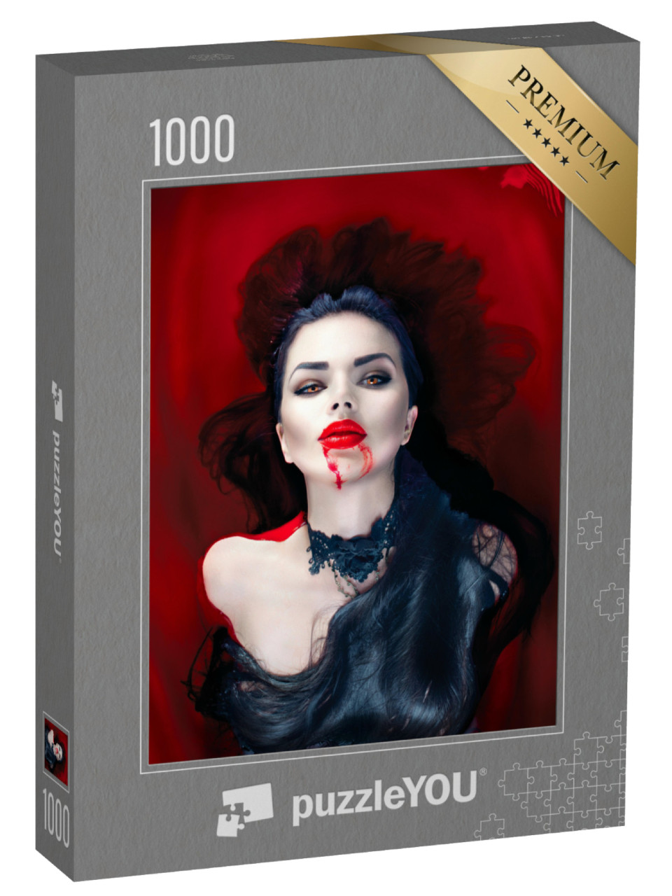 Puzzle 1000 Teile „Vampirfrau mit schwarzen Haaren und schwarzem Halsband auf blutrotem Hintergrund“
