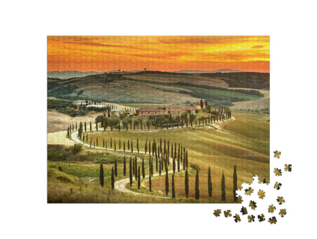 Puzzle 1000 Teile „Sonnenuntergang über der Landschaft der Toskana, Italien“