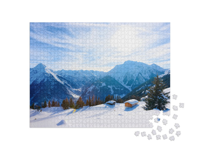 Puzzle 1000 Teile „Skigebiet Mayrhofen mit Chalets im malerischen Zillertal, Tirol, Österreich im Winter“