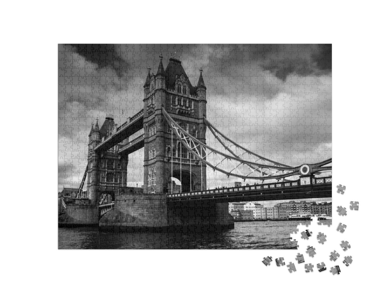 Puzzle 1000 Teile „Tower Bridge in London, schwarz-weiß“