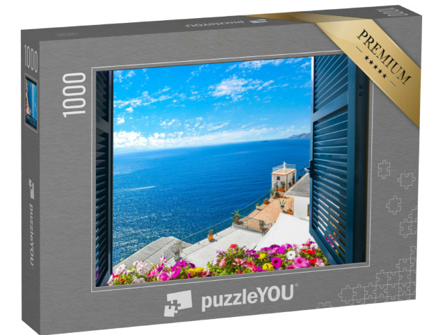 Puzzle 1000 Teile „Blick aus dem offenen Fenster auf das Mittelmeer, Sorrent, Italien“