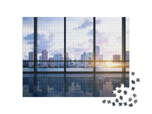 Puzzle 1000 Teile „Digitale Kunst: Leere Halle mit Blick auf die Stadt“