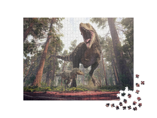 Puzzle 1000 Teile „3D-Rendering des Tyrannosaurus Rex und seines Jungtiers“