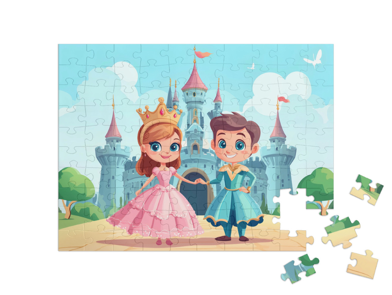Puzzle 100 Teile „Prinzessin und Prinz vor ihrem Märchenschloss“