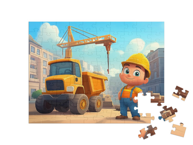 Puzzle 100 Teile „Der fröhliche Bauarbeiter und sein Baustellenfahrzeug“