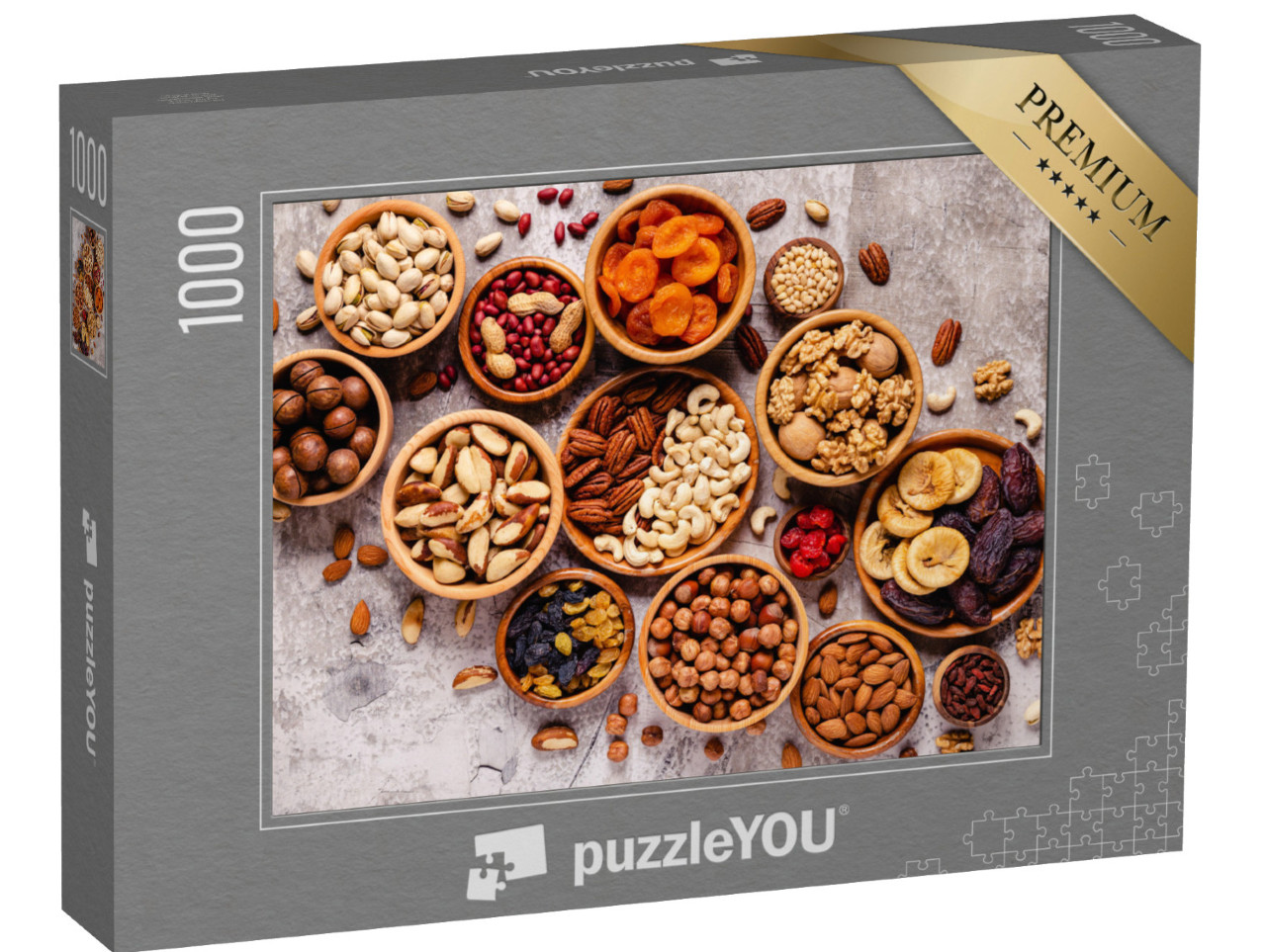 Puzzle 1000 Teile „Verschiedene Nüsse und Trockenfrüchte in Holzschalen“
