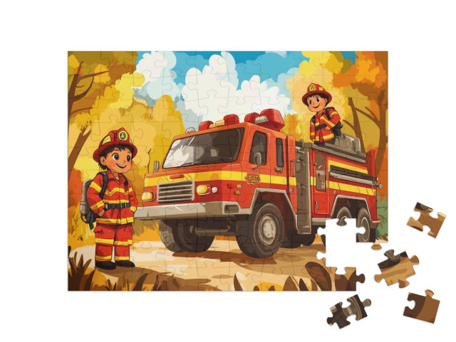 Puzzle 100 Teile „Feuerwehrteam in Aktion“