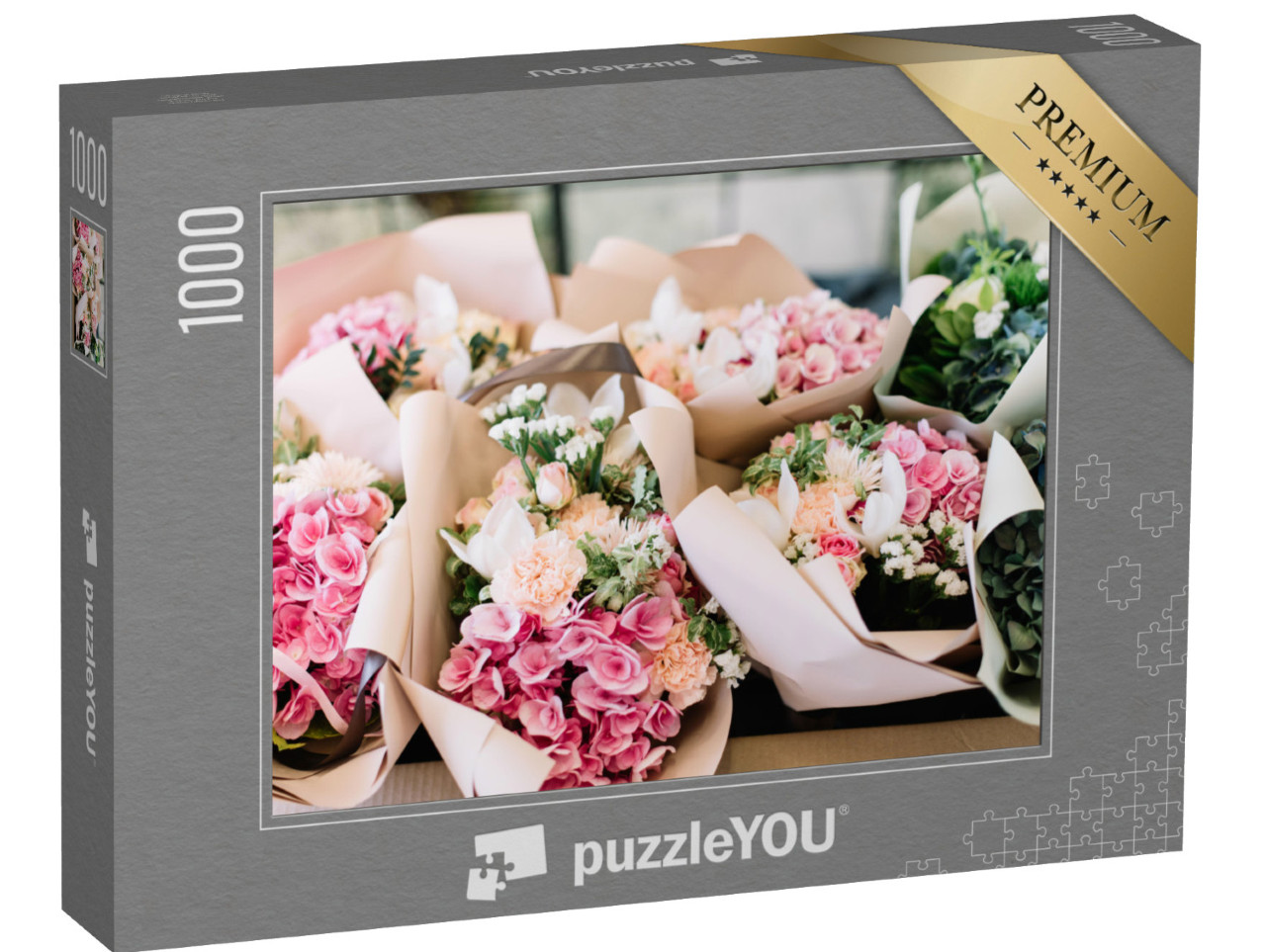 Puzzle 1000 Teile „Blumensträuße im Blumenladen, Hortensie, Pfingstrose, Rose“
