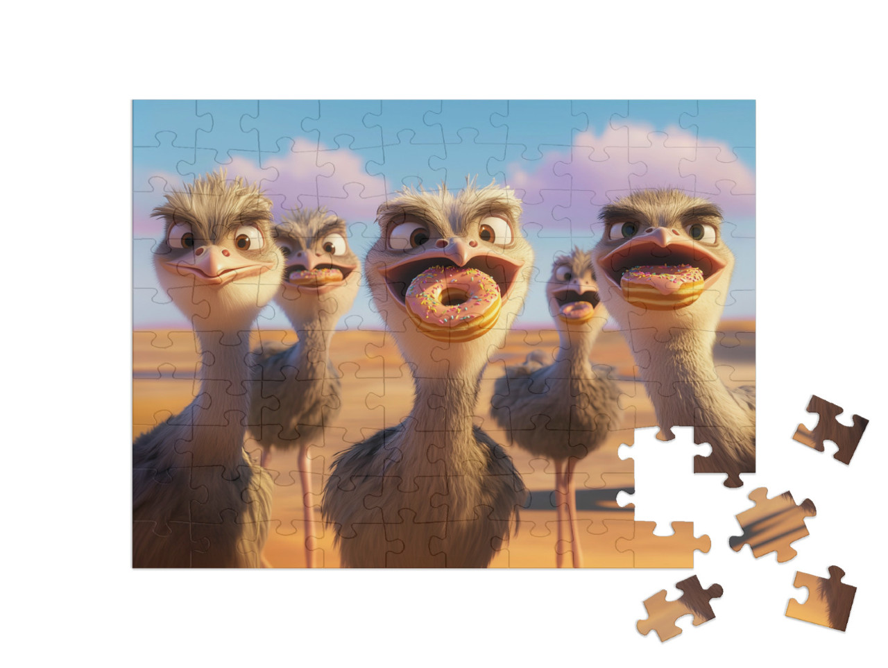 Puzzle 100 Teile „Straußenvögel lieben Donats“