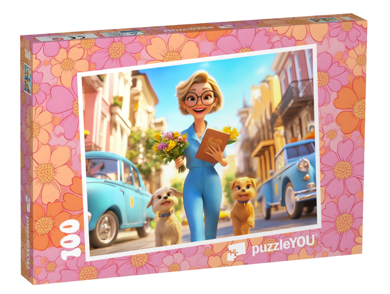 Puzzle 100 Teile „Frühlingsspaziergang mit den Hunden“