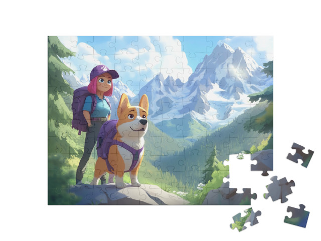 Puzzle 100 Teile „Mit Hund und Rucksack in die Natur“