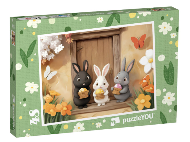 Puzzle 48 Teile „Die Hasenkinder haben ihr Osternest gefunden“
