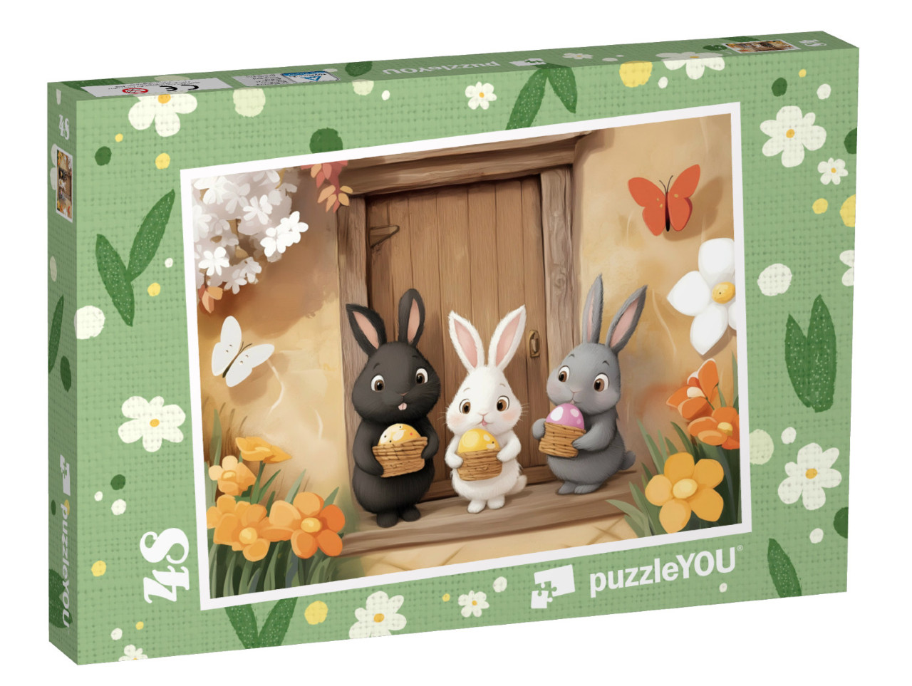 Puzzle 48 Teile „Die Hasenkinder haben ihr Osternest gefunden“