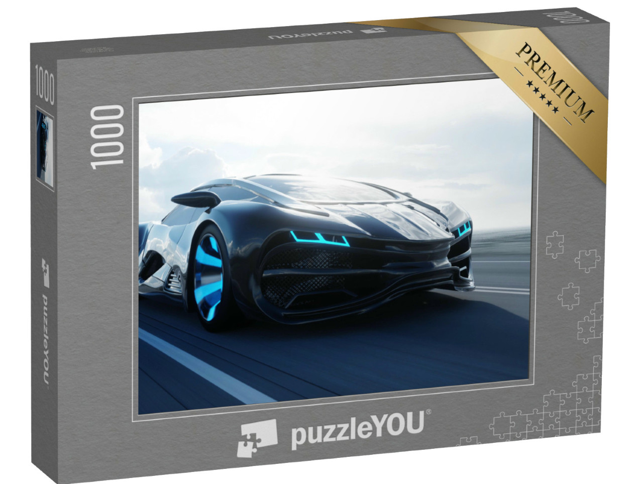 Puzzle 1000 Teile „Futuristisches Elektroauto rast durch die Wüste“
