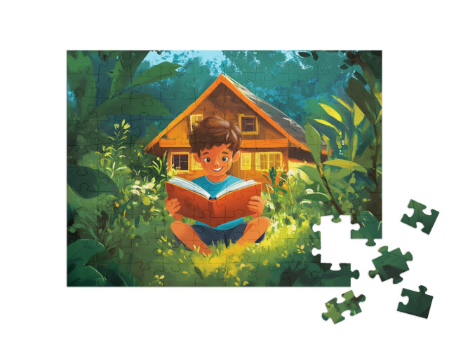 Puzzle 100 Teile „Am Sommerabend im Garten lesen“