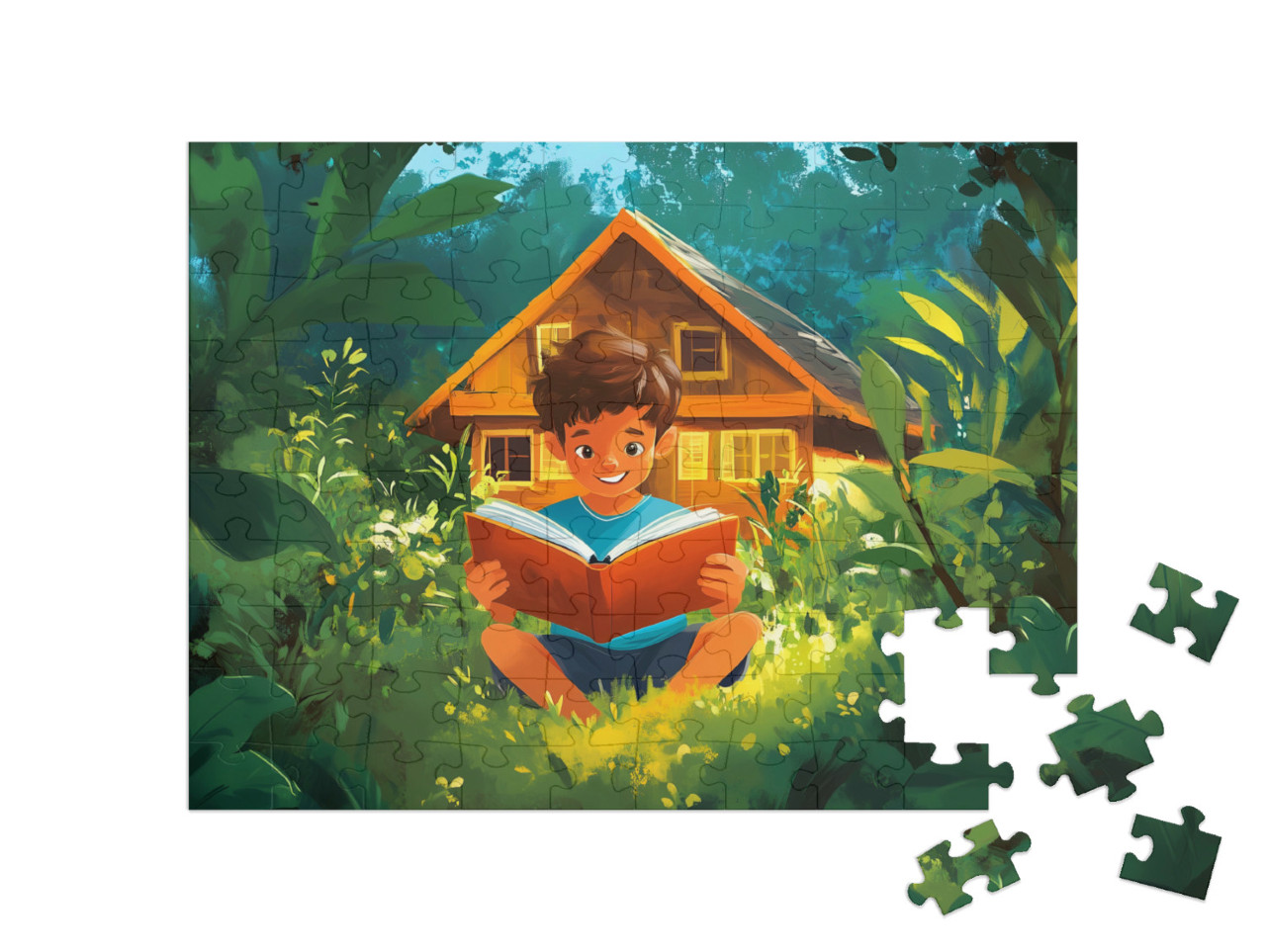 Puzzle 100 Teile „Am Sommerabend im Garten lesen“