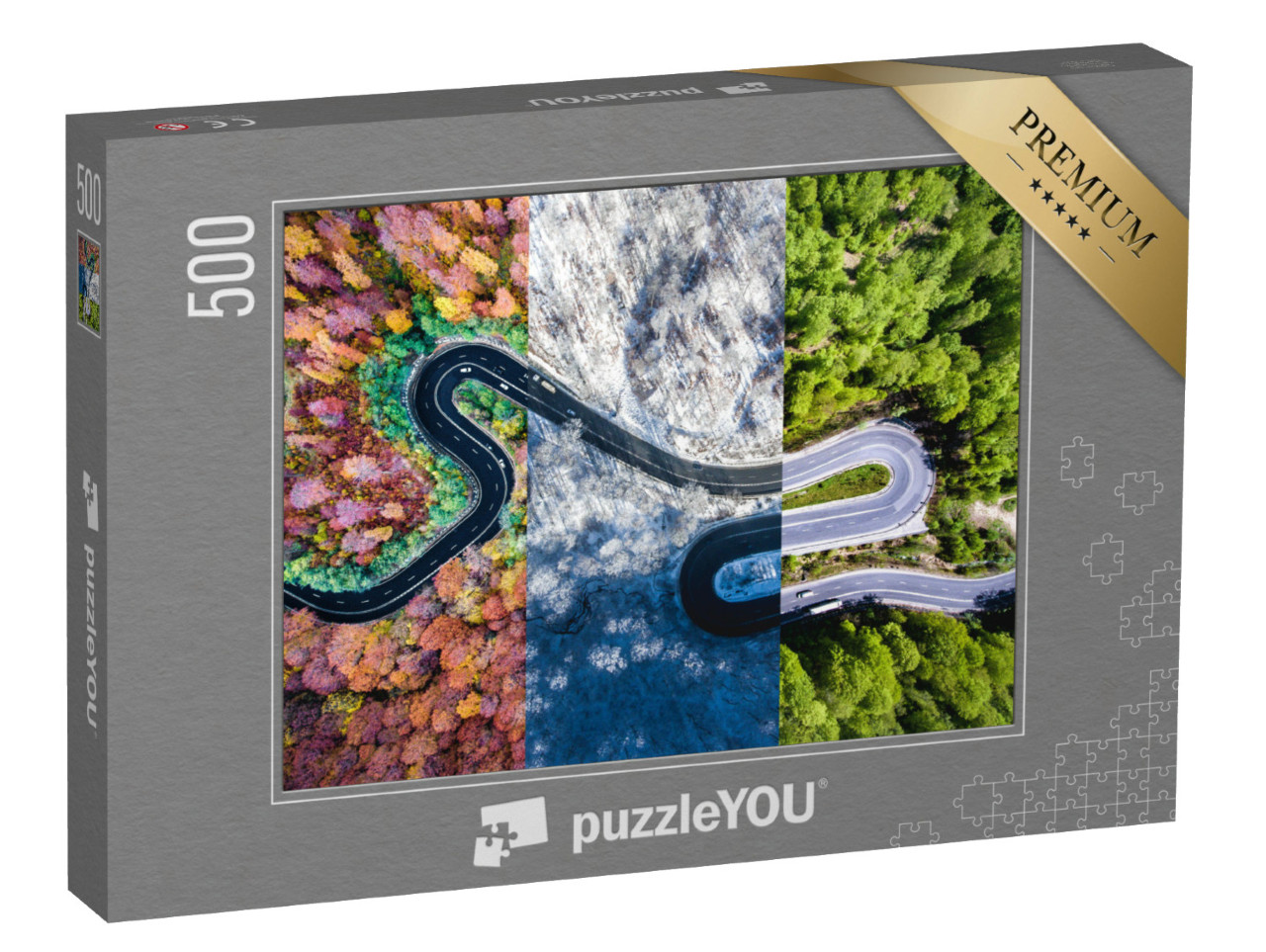 Puzzle 500 Teile „Kurvenreiche Straße im Wald, Herbst-, Sommer- und Winterzeit-Collage, Luftaufnahme“